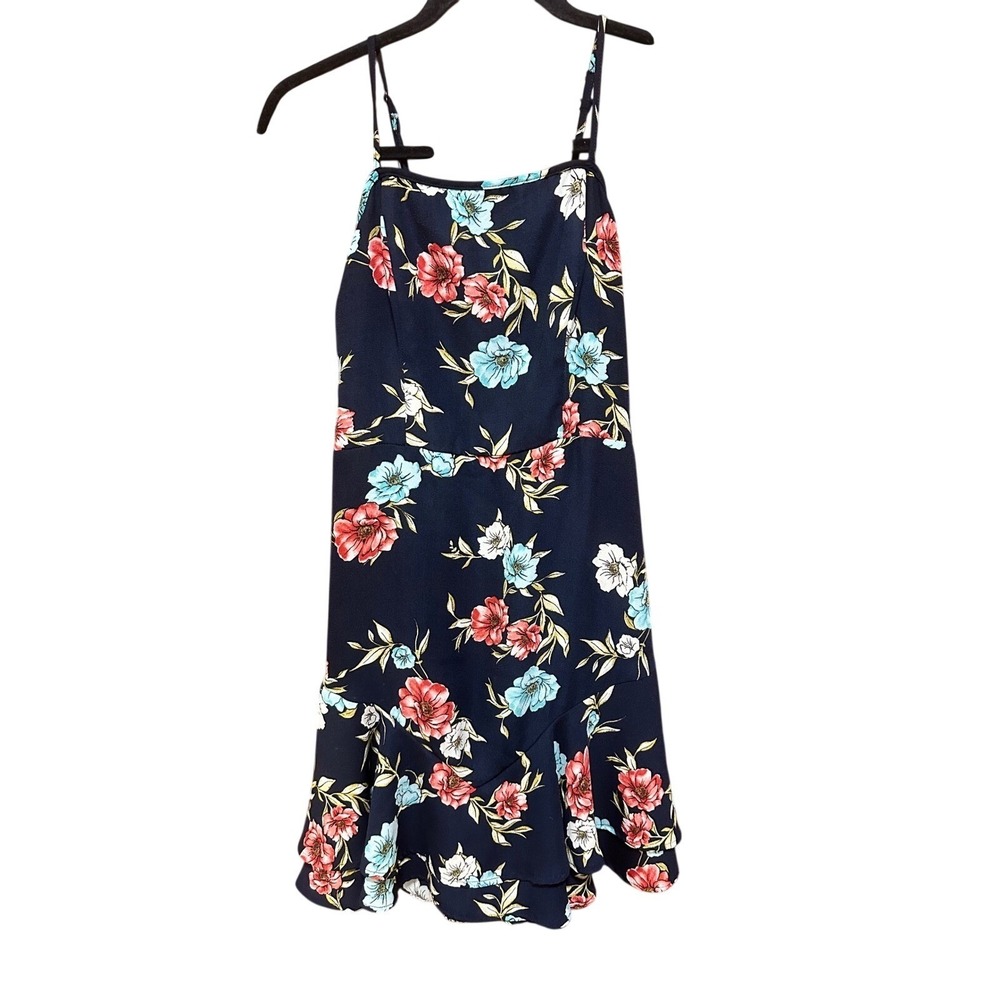 Xhilaration Navy Blue Floral Mini Dress Womens Small Smocked Back Ruffle Hem